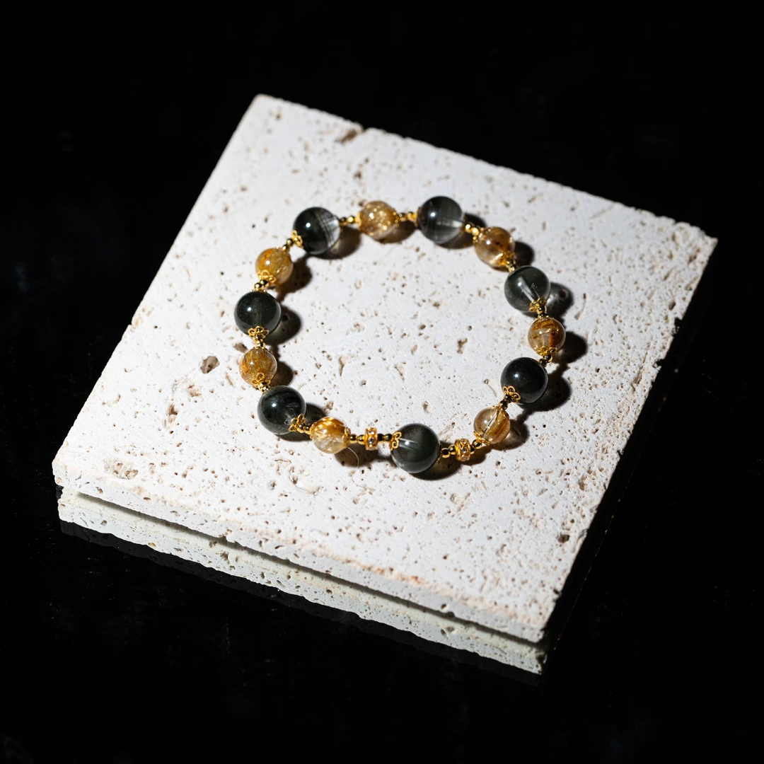 【金玉满堂】花奢珠宝 板钛+绿幽灵18K金手串（多样性发货）