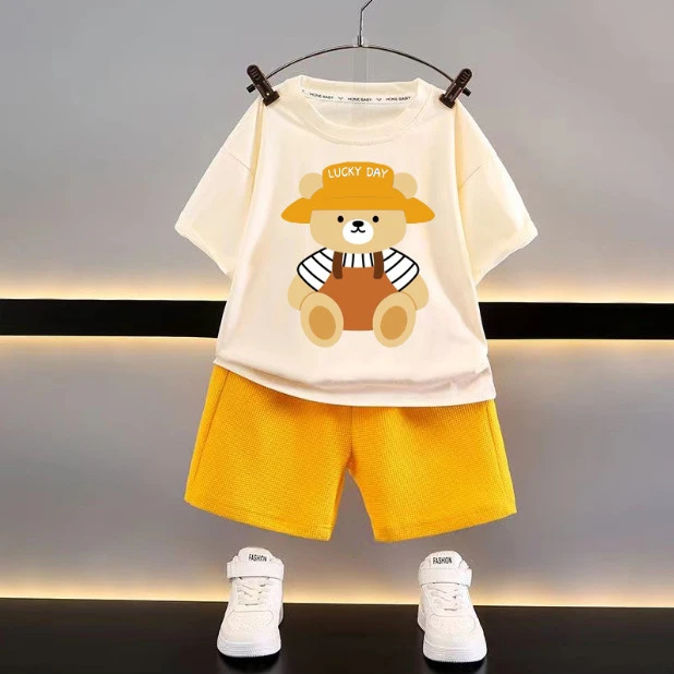 男孩夏季短裤套装新款童装夏季儿童套装休闲宽松衣服男童短袖华夫
