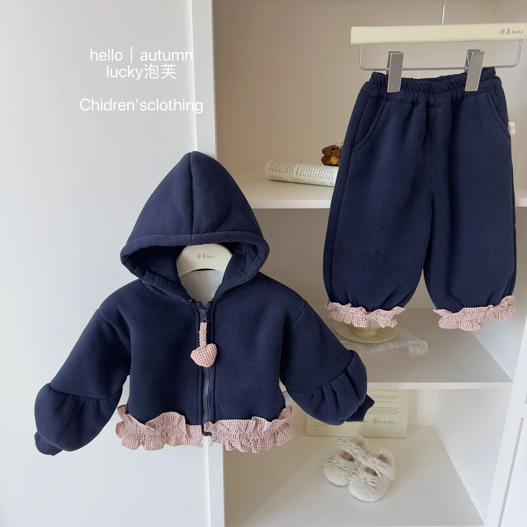 【lucky泡芙】时髦精！女童格子花边加绒连帽外套韩秋冬卫衣卫裤套装