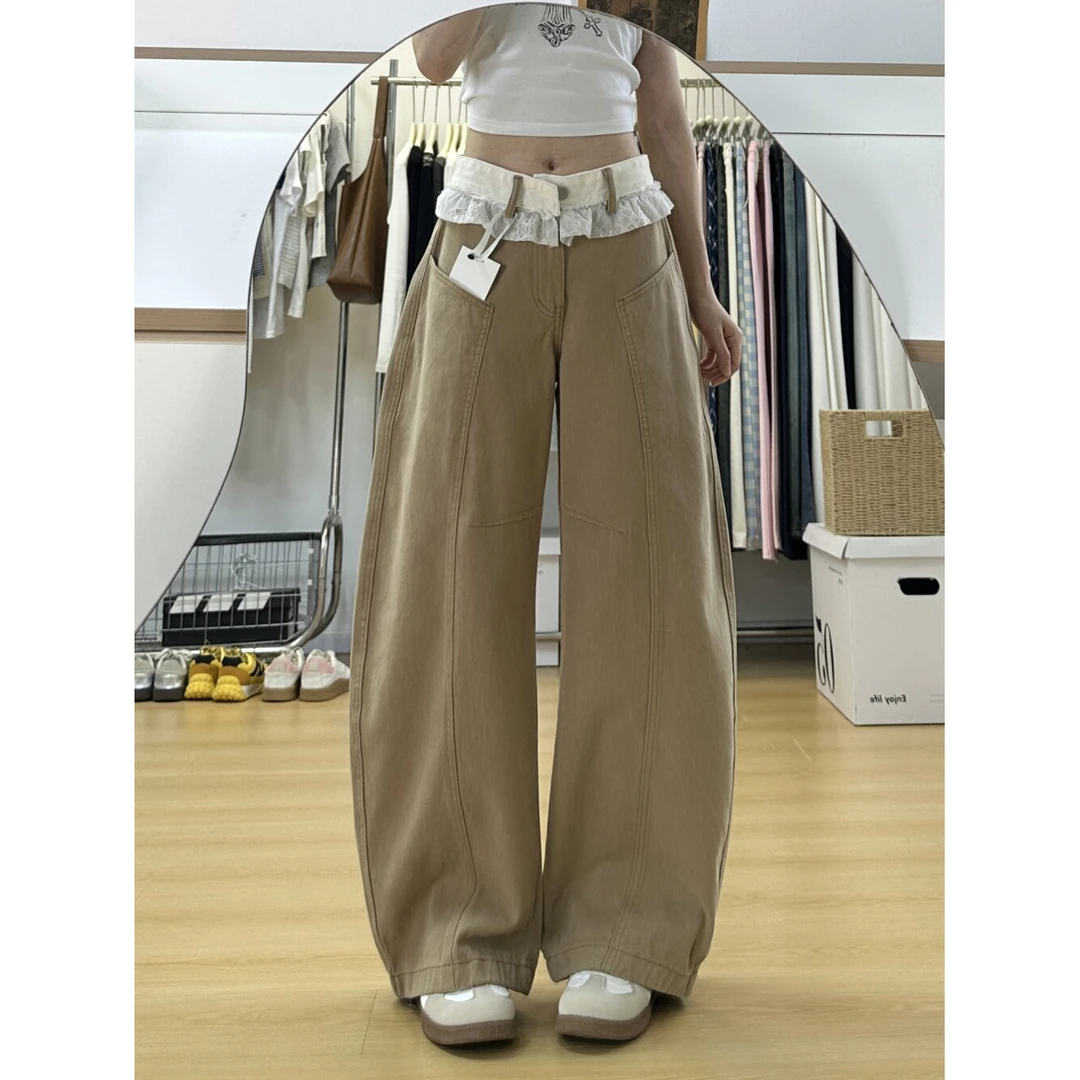 大码高腰阔腿牛仔裤女2025夏季新款蕾丝拼接设计感宽松显瘦百搭裤