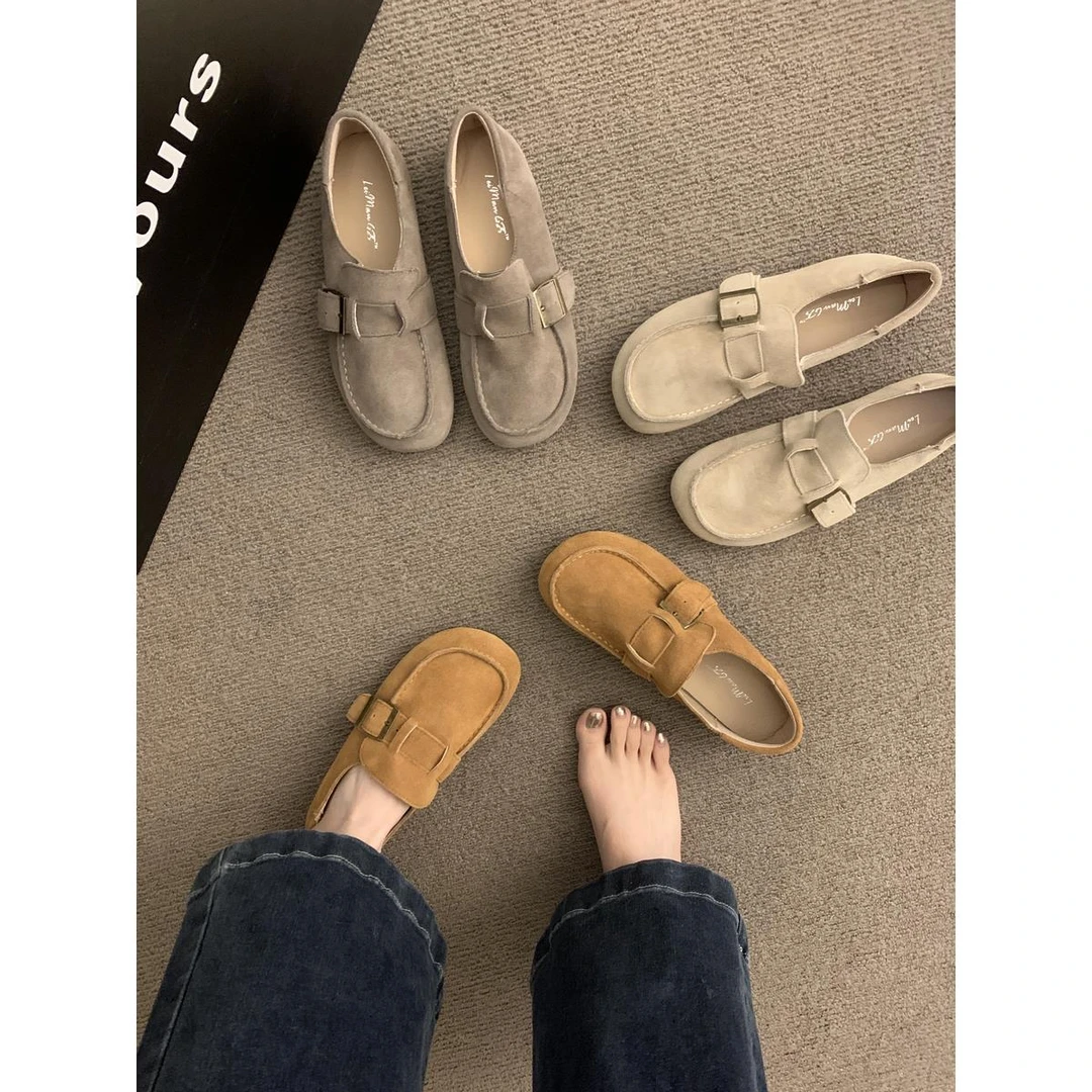 森系文艺复古平底单鞋女年春秋新款勃肯鞋磨砂晚晚圆头丑萌鞋