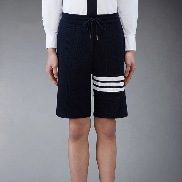 TIMID BOYWNE华夫格四条杠高腰短裤运动春夏条纹潮流五分裤抽绳