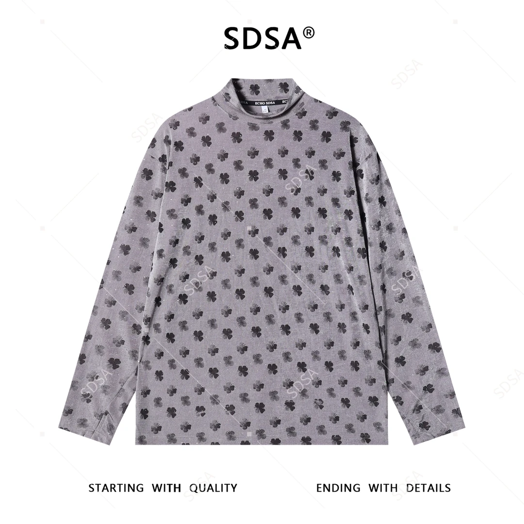 SDSA秋冬新款痞帅男装韩版潮牌撞色满印四叶草半高领长袖T恤百搭