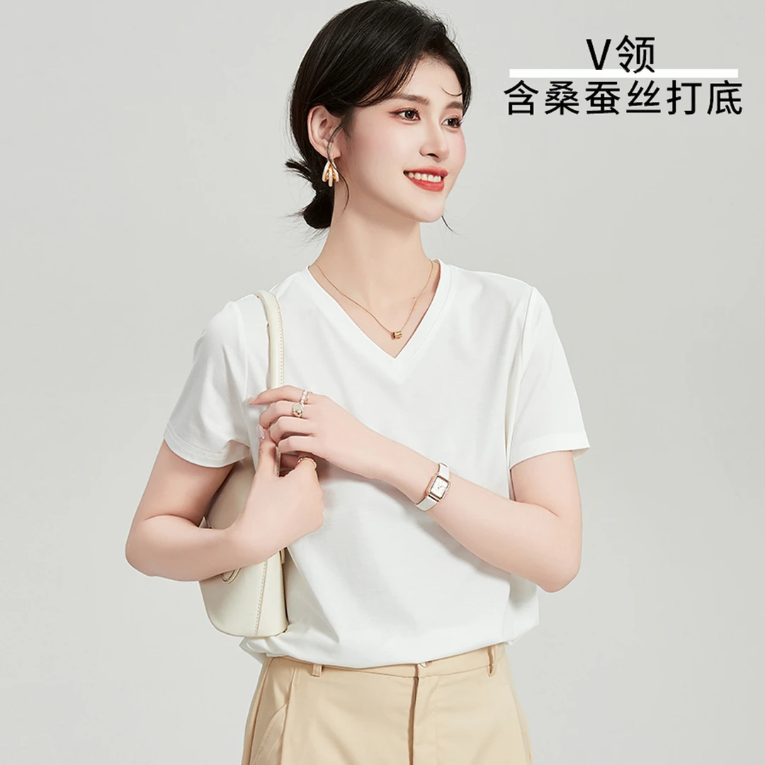 金菊【欧若风衣橱BI备】夏季V领含桑蚕丝女士T恤简约纯色百搭打底衫