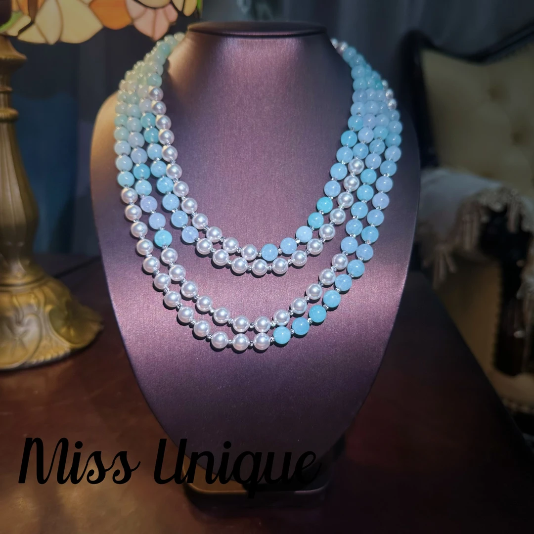 S6218海蓝色白珠珠长毛衣链项链