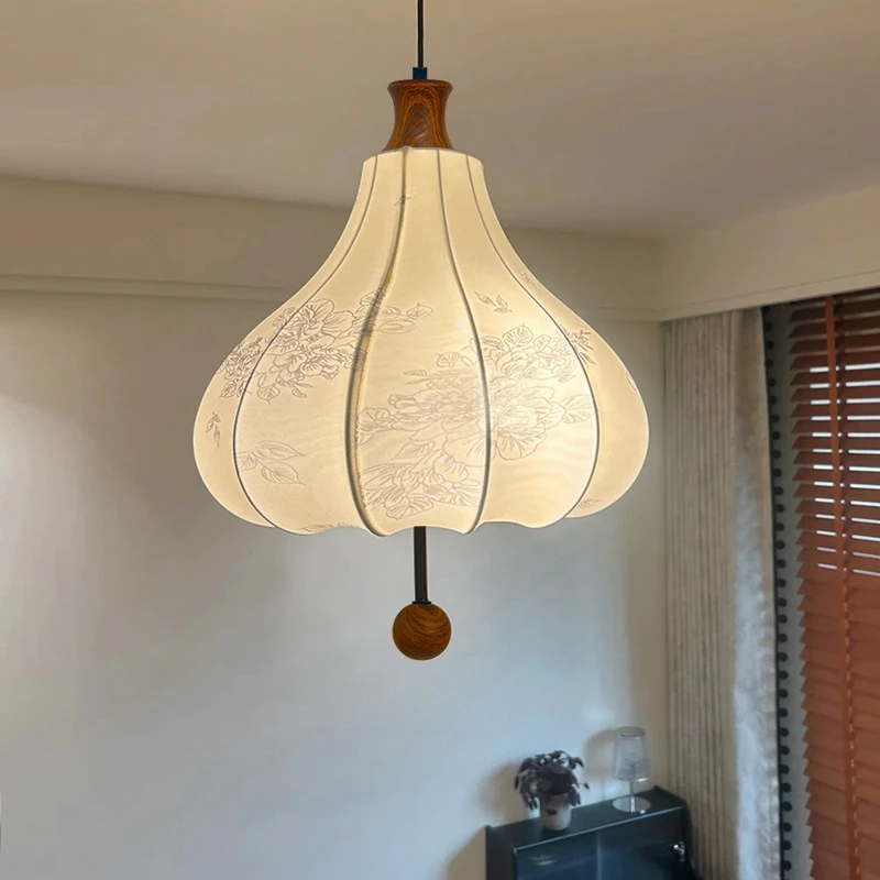 法式中古卧室吊灯原木风吧台客厅灯布艺民宿温馨复古栗子餐厅吊灯