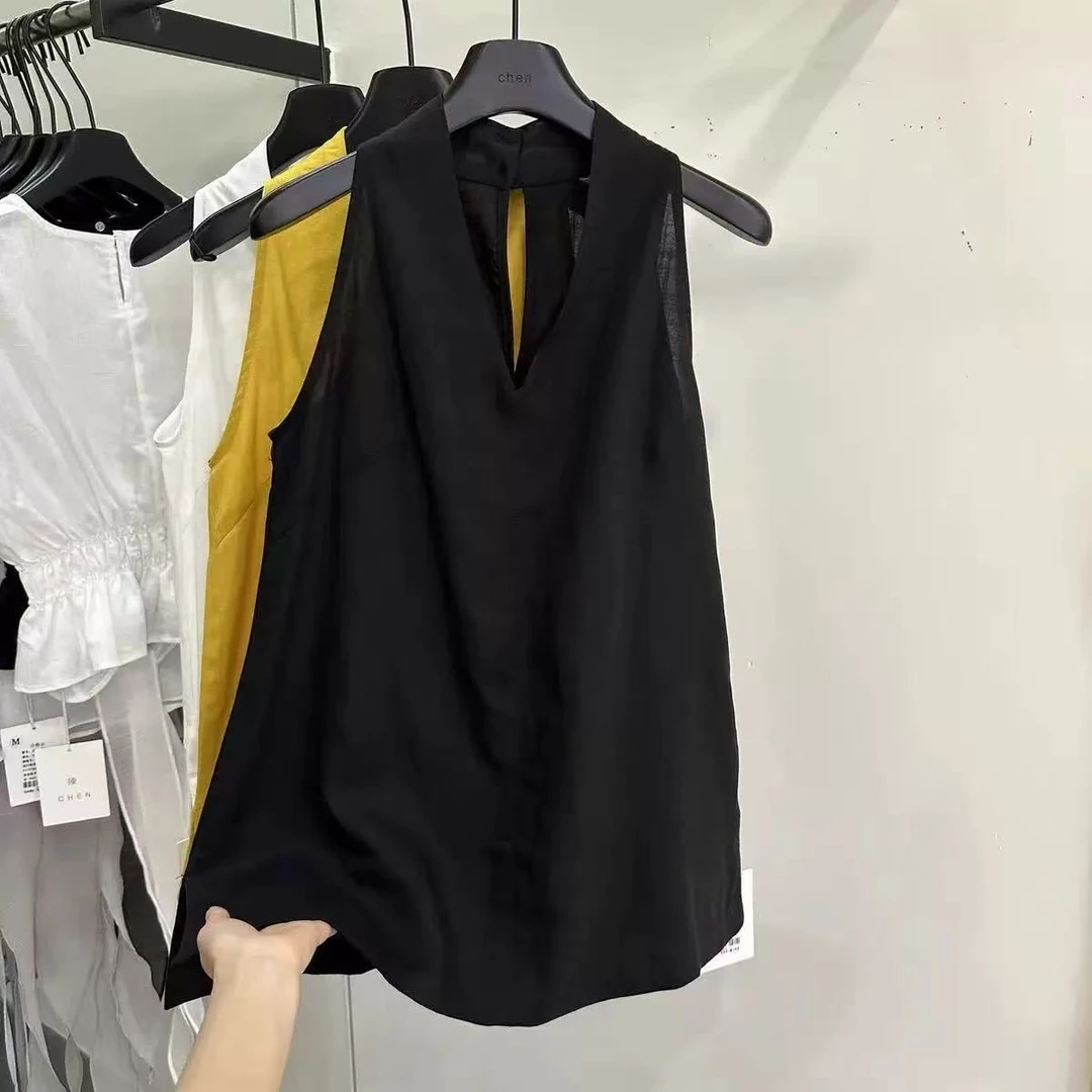 韩系设计感V领挂脖无袖背心衬衫女女生韩系ins衣服上衣洋气气质