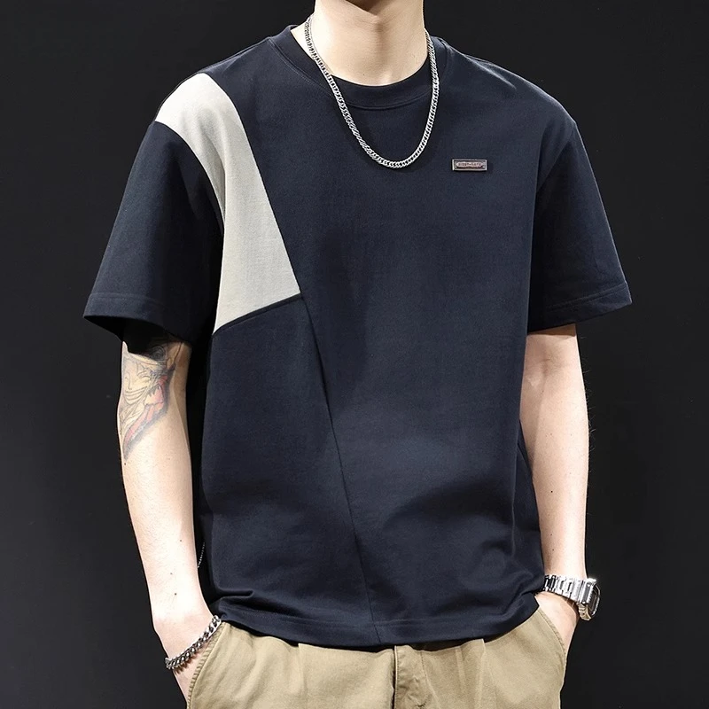 新款潮牌拼接撞色短袖t恤男士2025夏季宽松大码衣服重磅体恤男款