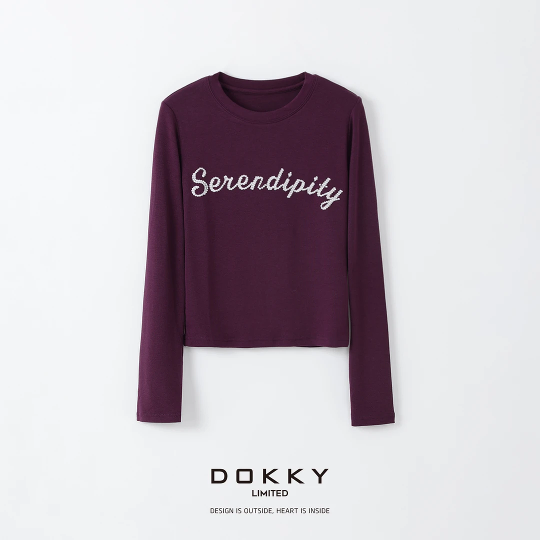 Dokky「手账T」定纺柔软亲肤面料.重工字母刺绣.打底T恤D0241