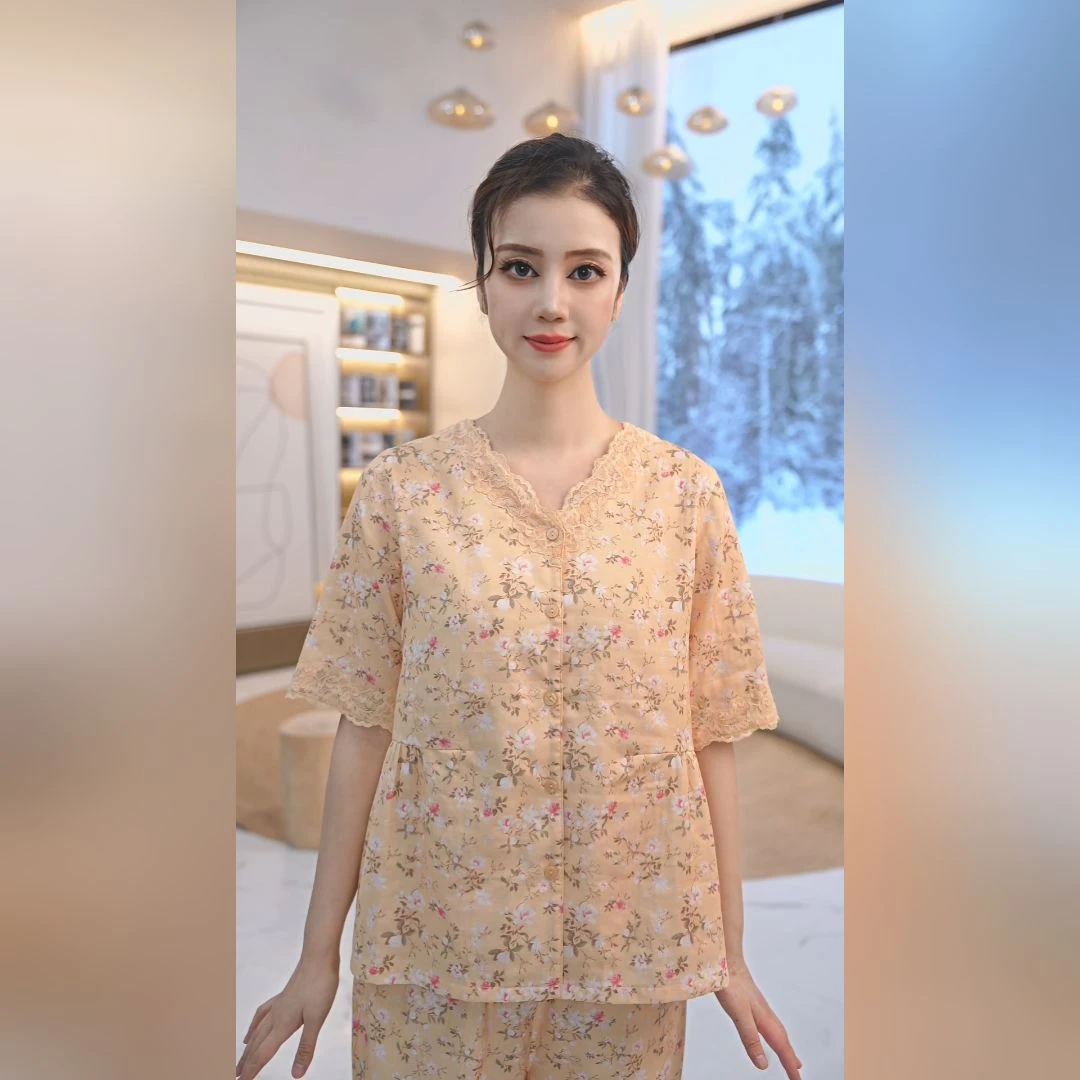 秋鹿RC梭织印花V领五分袖九分裤女套睡衣春秋女季时尚睡衣