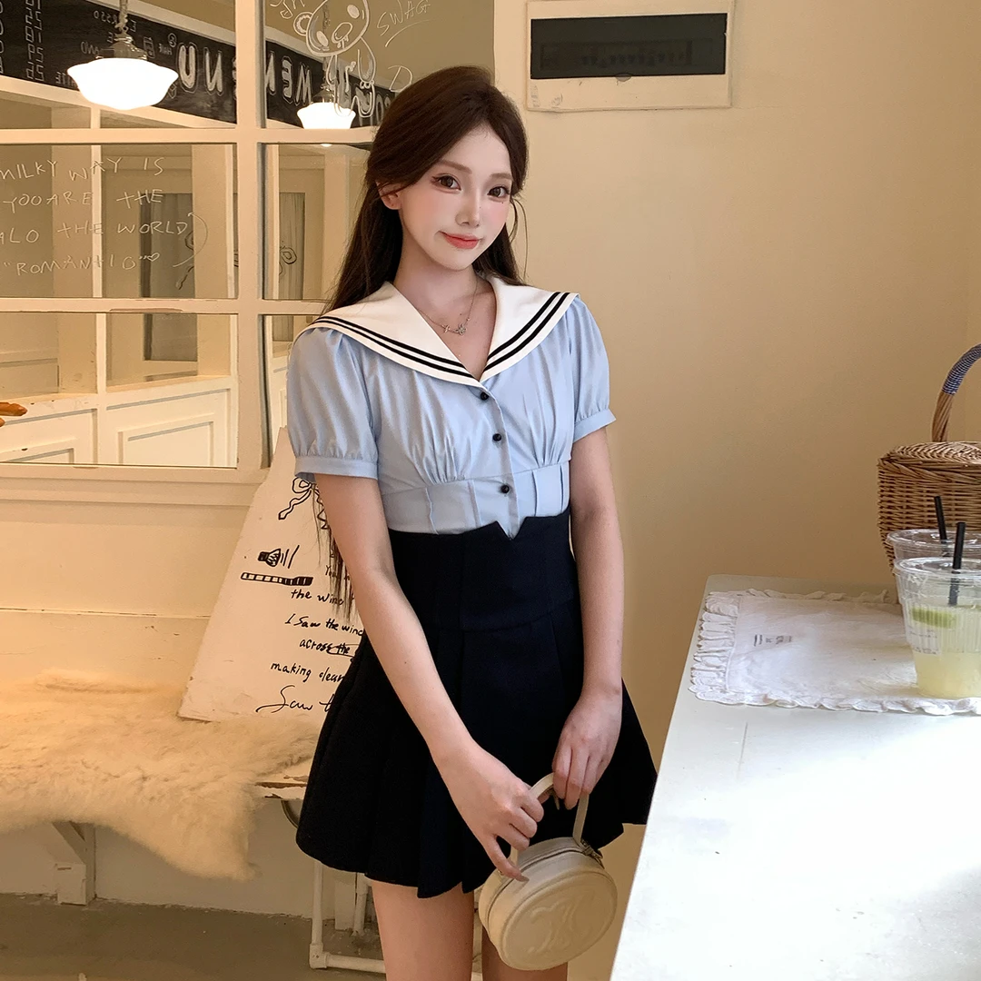 冰冰来了【甜漫学妹】少女感学院风海军领衬衣高腰A字短裙套装27200