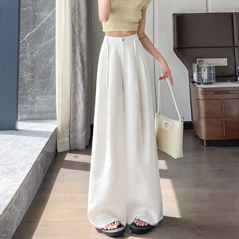 白色垂感裤子阔腿裤高腰夏季薄款显瘦宽松休闲直筒亚麻拖地长裤女