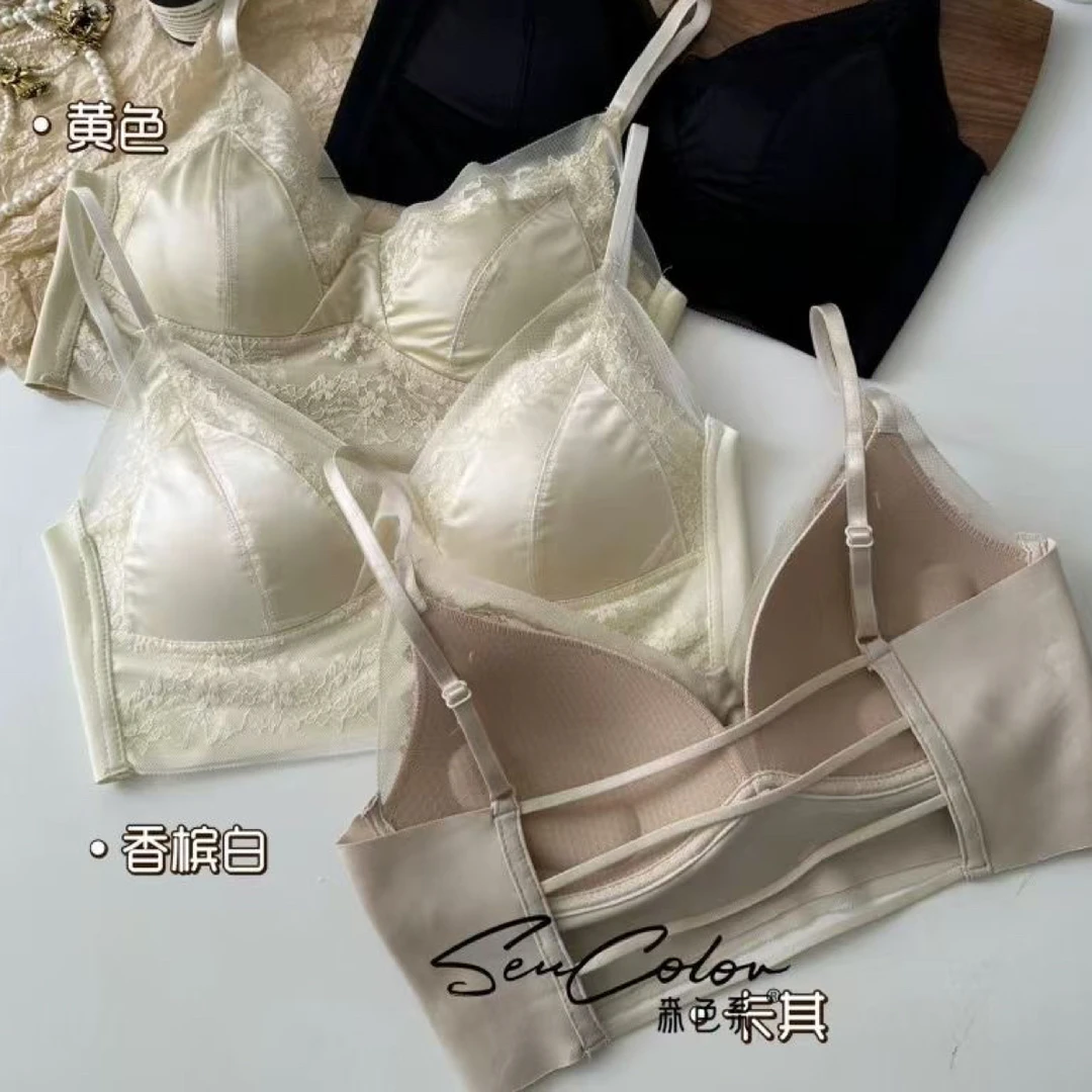 法式蕾丝固定杯美背内衣 缎面法式+蕾丝乳胶+固定杯