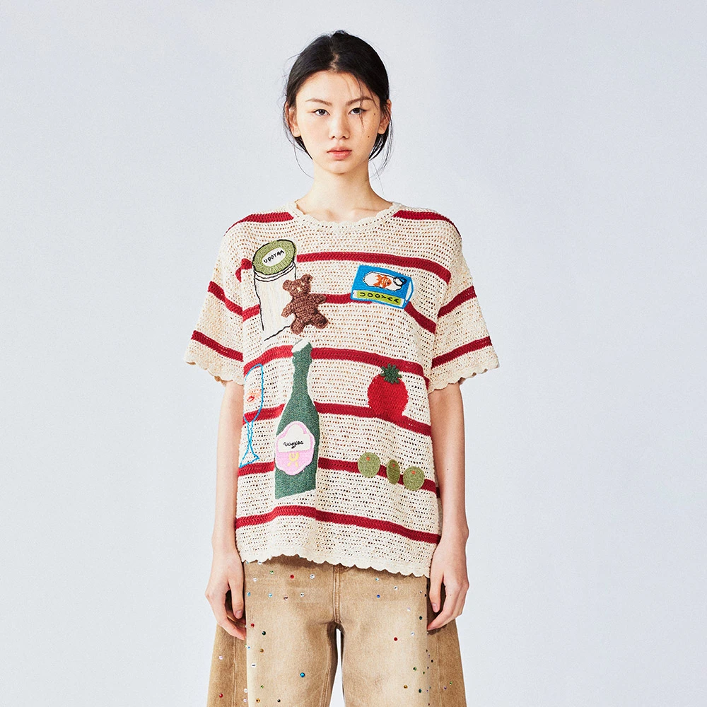 UOOYAA/乌丫2025夏款「爱与食物」手作奶奶毛衫T恤UY25232M211131