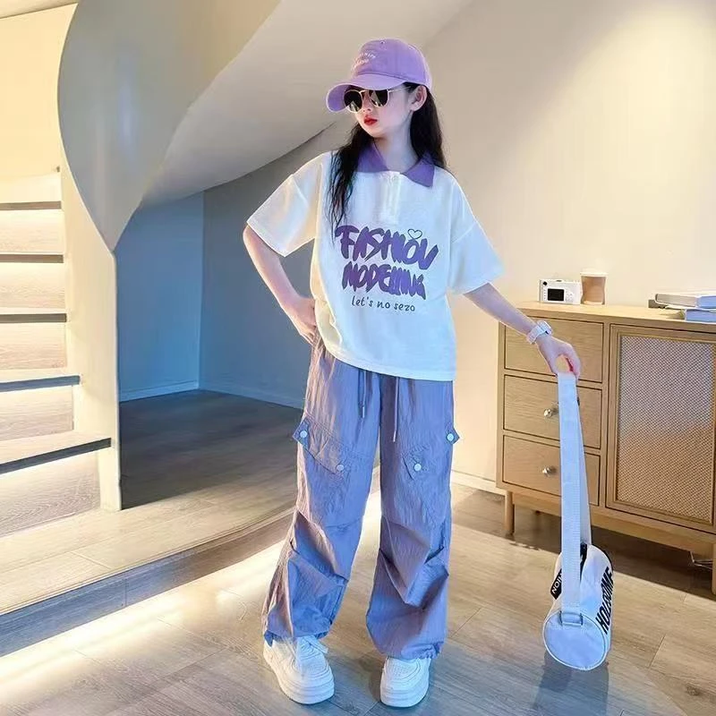 女童夏季工装裤套装2025洋气中大童女孩宽松上衣+工装裤两件套潮