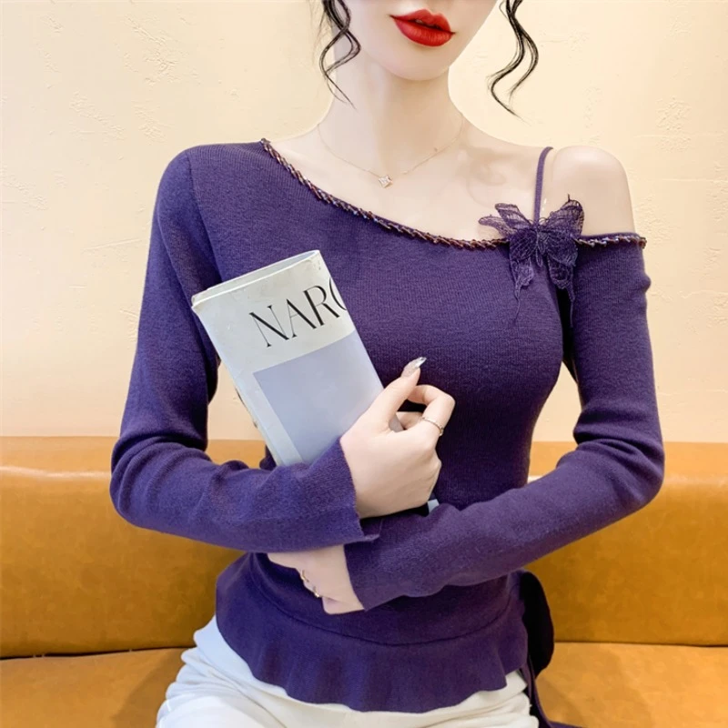 实拍钉钻斜领露肩荷叶边长袖针织衫秋季褶皱打底收腰飘带毛衣上衣