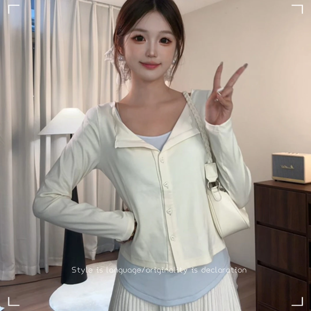 【现货】韩系撞色拼接翻领假两件单排扣温柔风修身显瘦长袖T恤上衣