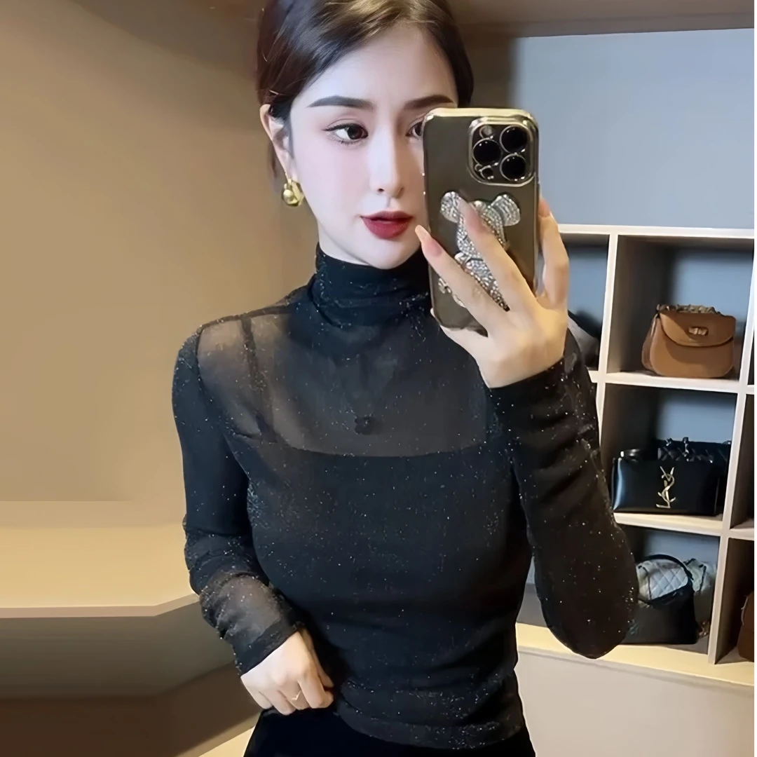 网纱半高领打底衫女2025秋季新款亮片修身洋气内搭长袖t恤上衣女