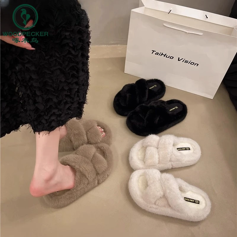 啄木鸟毛毛拖鞋女外穿春秋季2024新款舒适ins夏季厚底棉拖懒人鞋