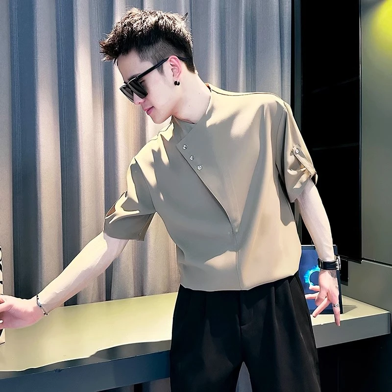 夏季五分袖衬衫男装男款潮流中袖新款痞帅高级感纯色薄款短袖衬衣