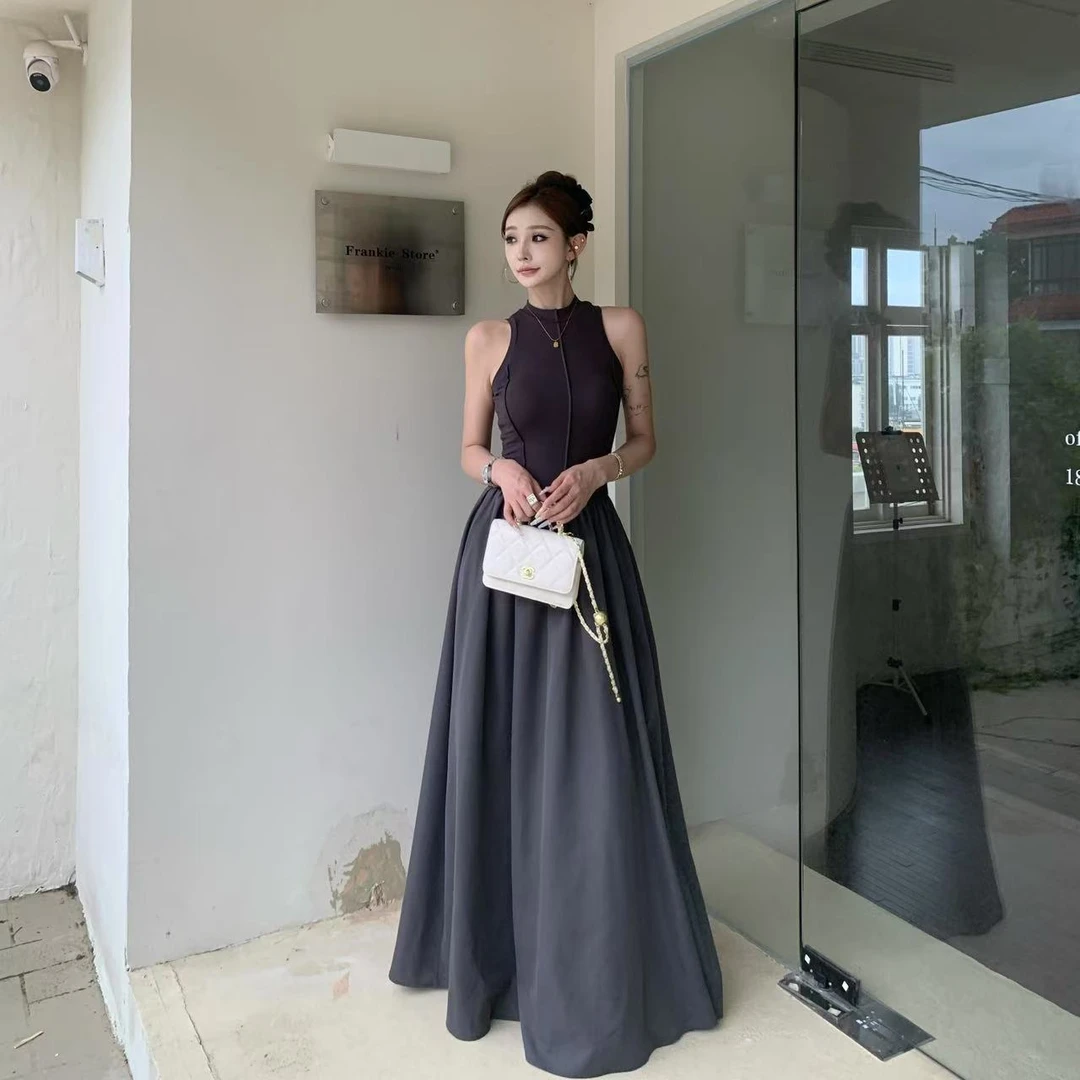 NN  夏季复古简约无袖小高领长裙高腰拼接长款连衣裙