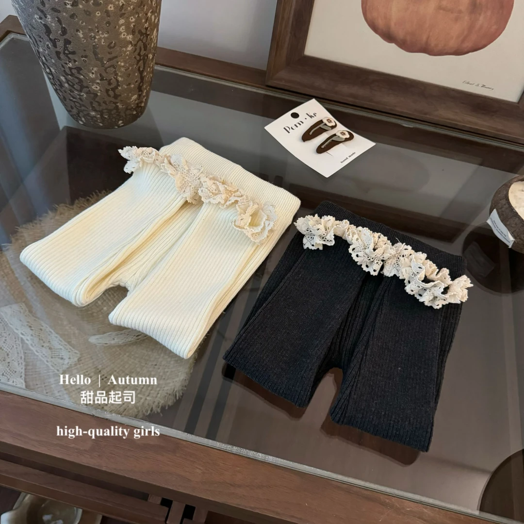 【甜品起司】自留！超好搭甜美女宝宝大弹力针织坑条花边打底裤