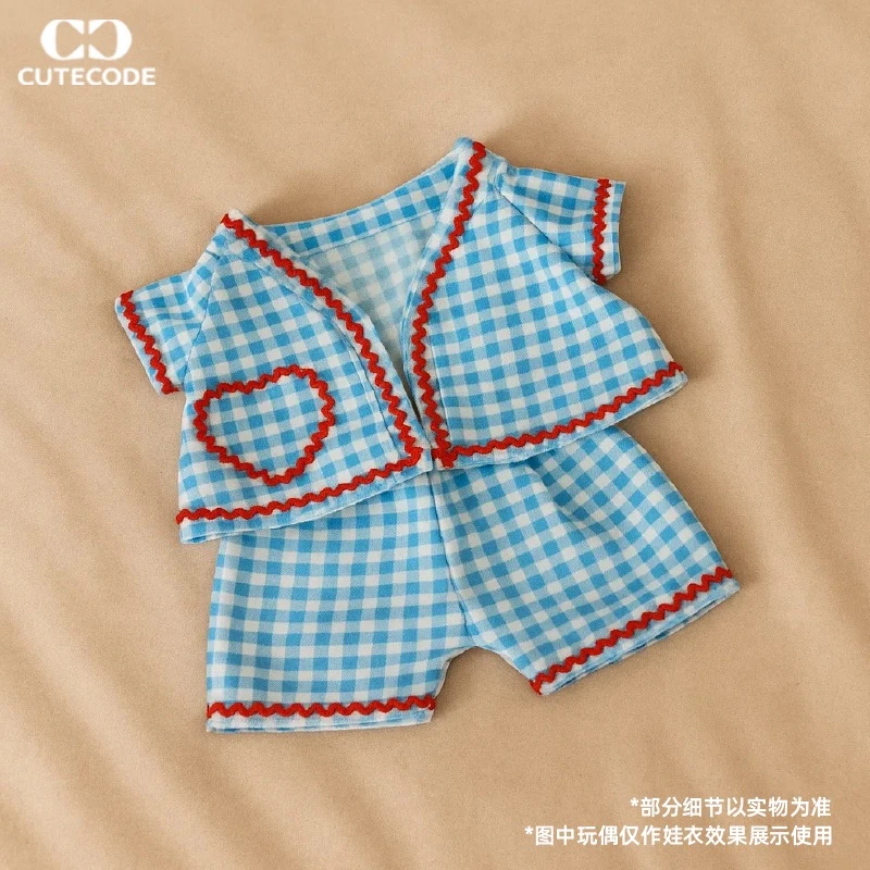 蓝白格纹撞色短袖套装日式蒸汽复古邦尼兔拉布布棉花娃娃衣服