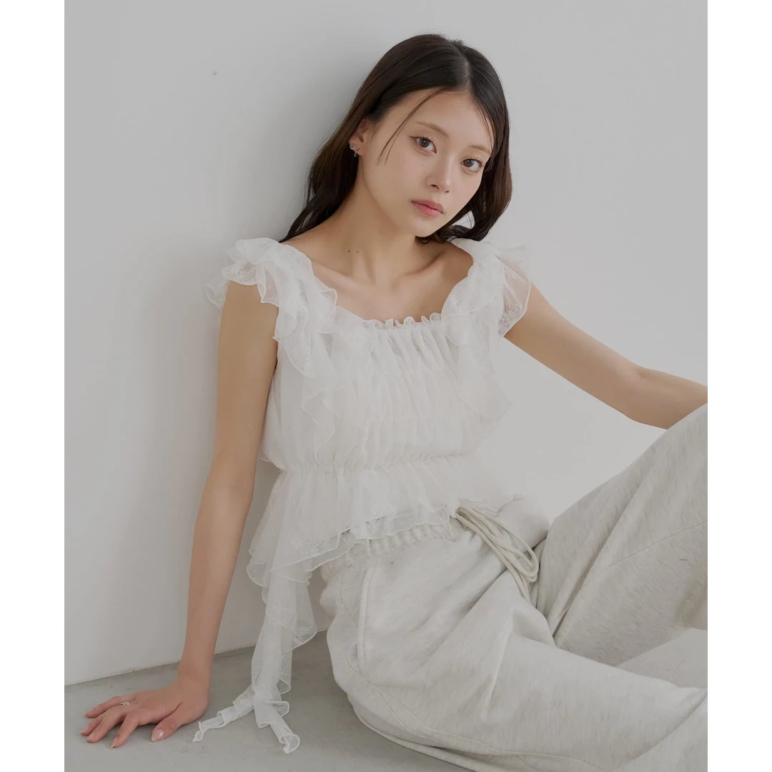 【DD外贸】C 夏季新款 气质甜美温柔风垂坠感荷叶边蕾丝衬衫显瘦