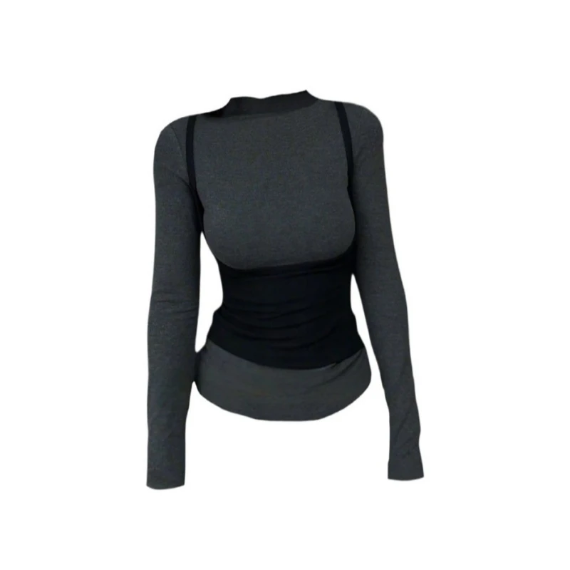 2025年冬季新款韩系撞色假两件长袖T恤修身百搭显瘦打底女上衣潮