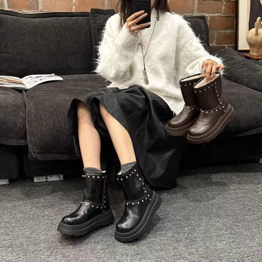 H55女鞋-玫瑰世纪｜重工油蜡褶皱皮雪地靴6.5cm32-3045(可乐专属)