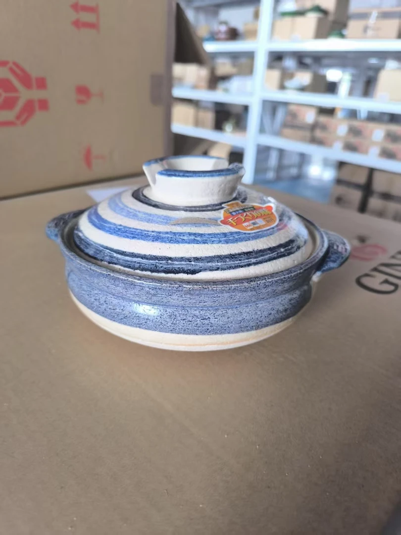 日本进口万古烧蓝白旋纹土锅煲仔饭砂锅