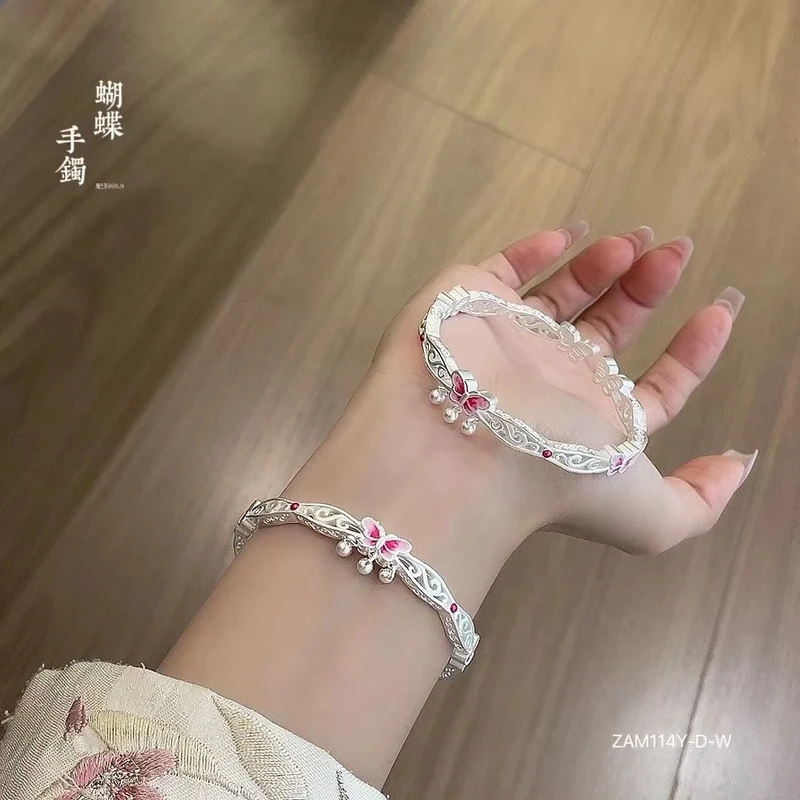足银手镯 足银999铃铛蝴蝶纯银手镯国潮时尚可爱送女友情人节礼物