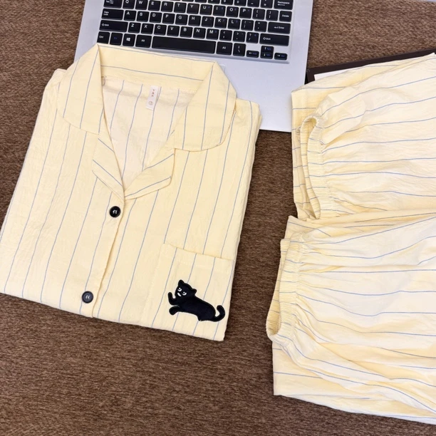 日系ins风芝士奶黄睡衣女夏季条纹小黑猫短袖短裤长裤家居服套装