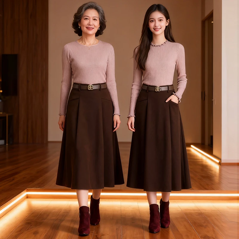 优雅a字半身裙女秋冬新款高腰显瘦梨形身材高级感松紧腰羊绒裙子