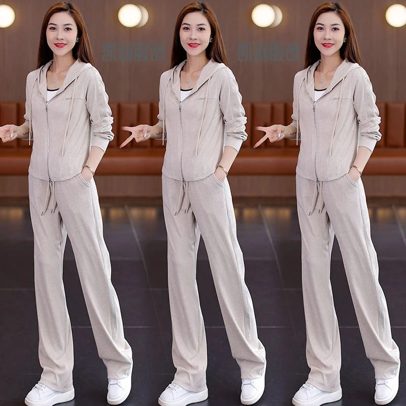 时尚运动套装女2025秋季新款洋气减龄连帽开衫上衣阔腿裤两件套