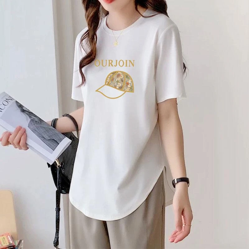 夏季短袖圆弧下摆T恤衫女中长款白色韩版新款短袖T恤短款宽松显瘦