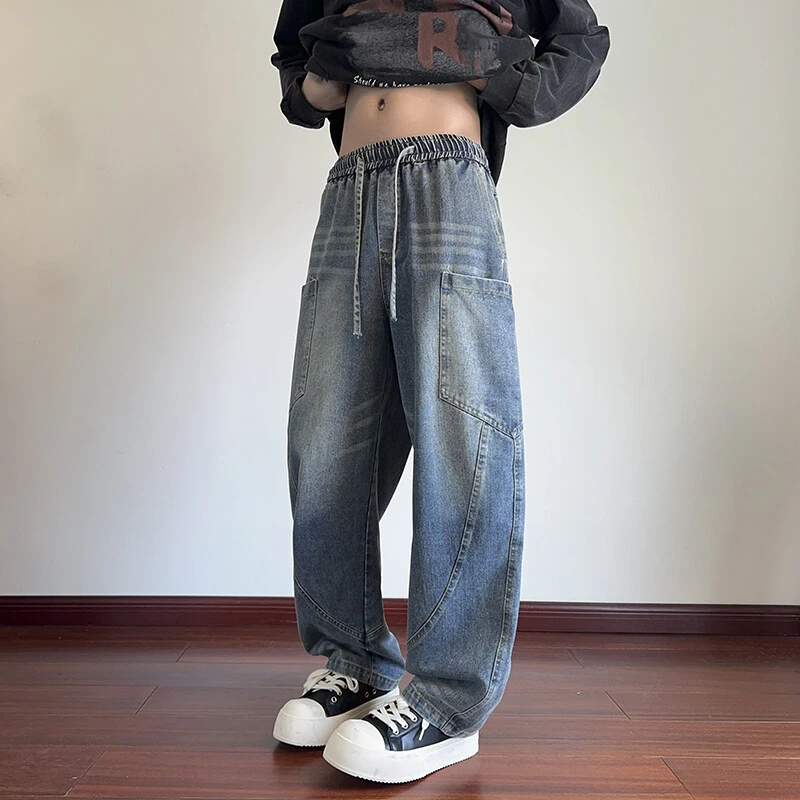 引创休闲宽松大码弯刀牛仔裤子男潮牌港风百搭拖地直筒休闲牛仔裤