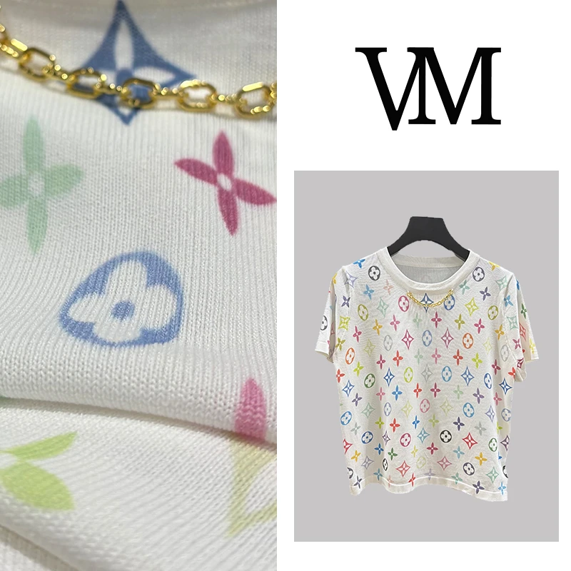 欧货短袖冰丝针织衫女夏季新款老花设计高级感气质圆领上衣dx7808