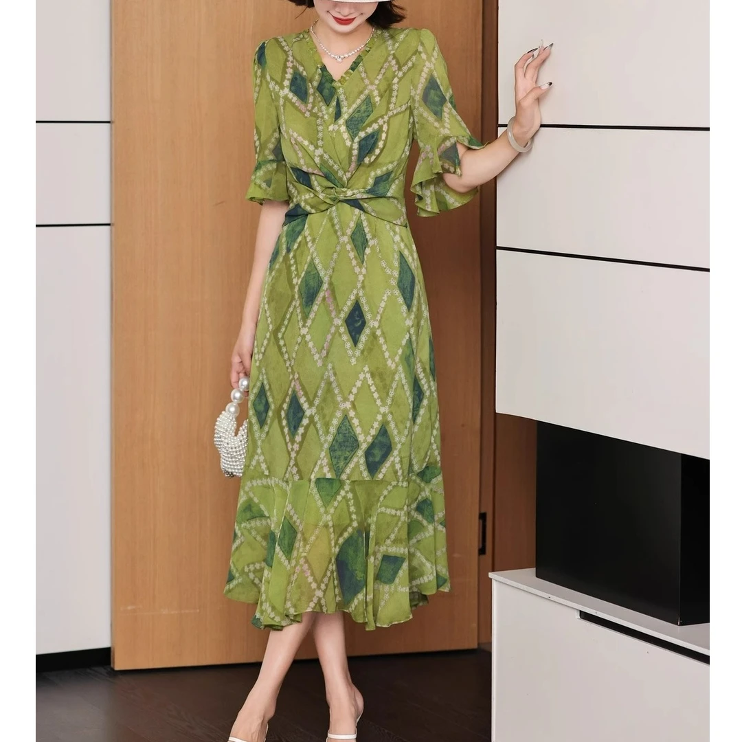 夏季新款时尚印花绿色连衣裙女收腰显瘦V领短袖中长裙子3740#