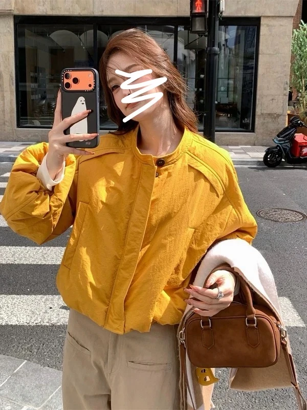 花苞袖圆领薄棉服女甜美风短款宽松显瘦百搭保暖外套