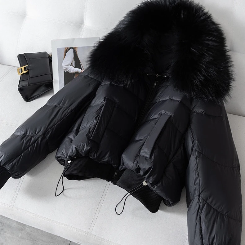 X24691【爆款】韩版时尚宽松加厚白鹅绒短款貉子大毛领羽绒服外套