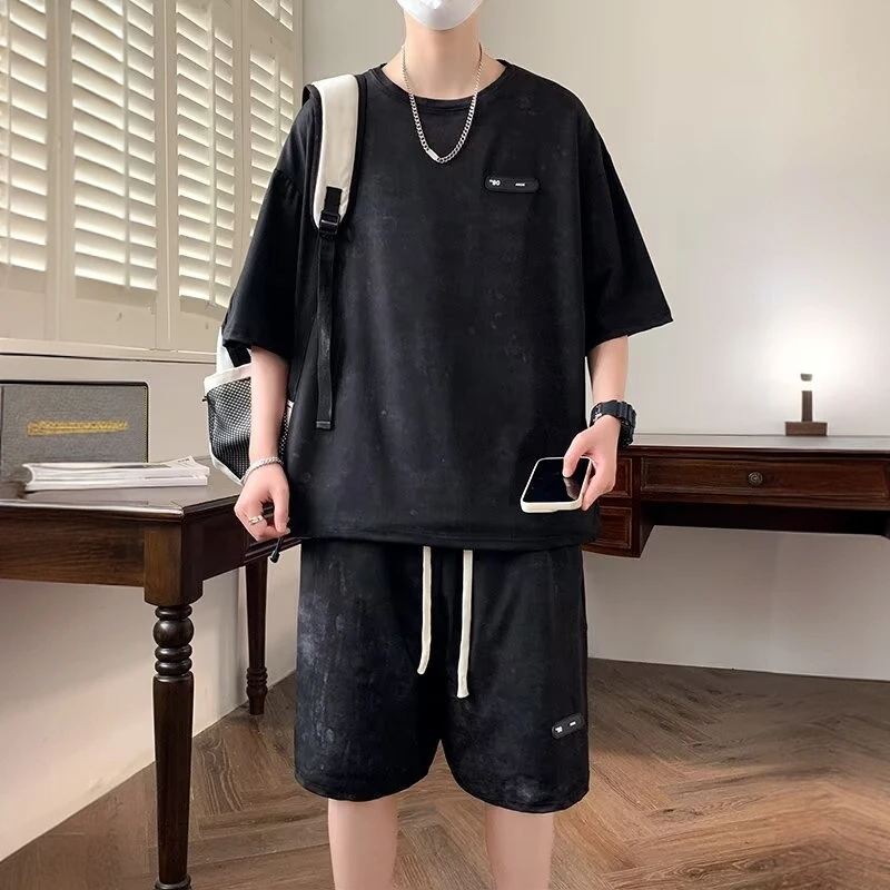 潮流扎染短袖套装男夏季休闲宽松显瘦大码t恤短裤搭配帅气一整套