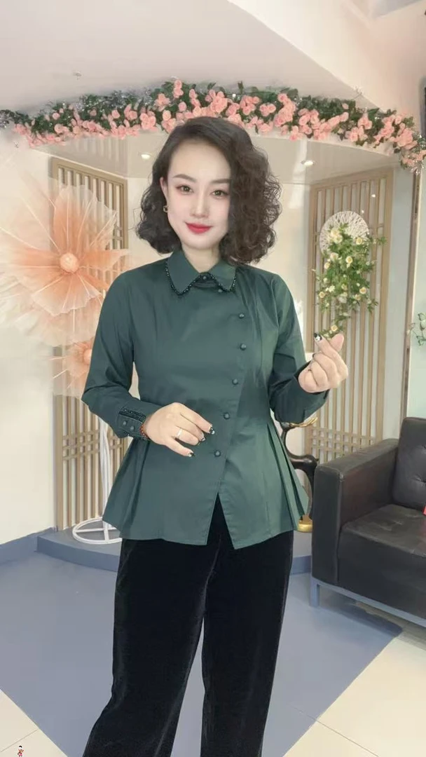 【秋季新款】时尚百搭修身显瘦设计感洋气偏襟百褶缝珠衬衫Y8901
