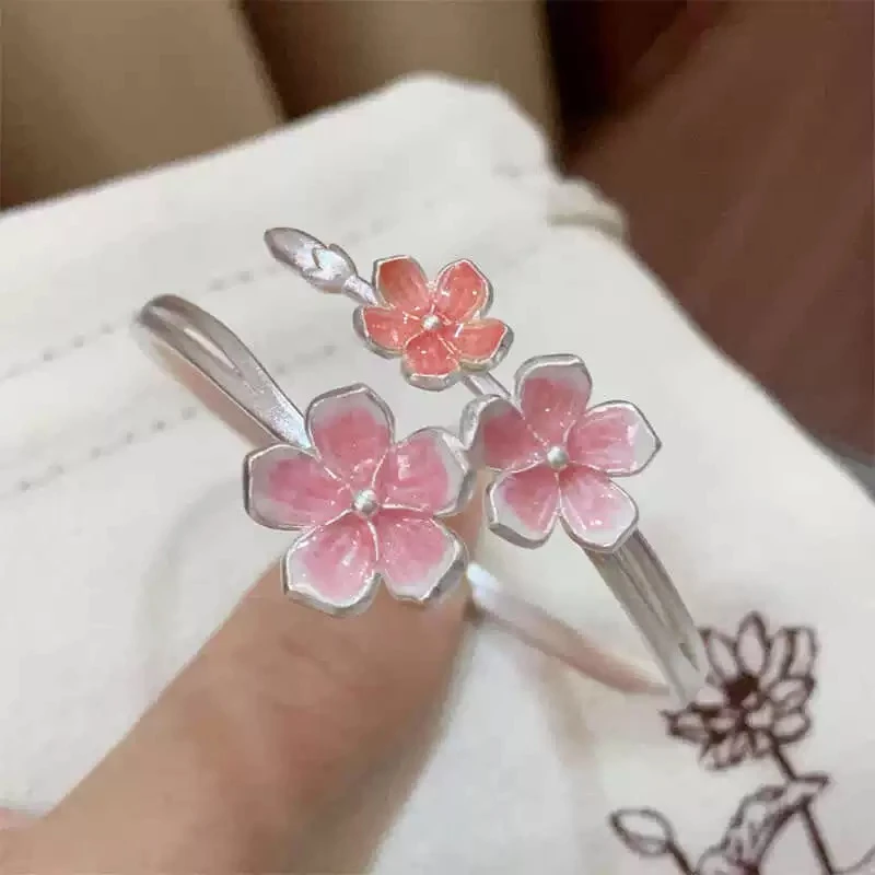 足银珐琅手镯 999.9足银桃花缘手镯女2024新中式镯子送女友礼物