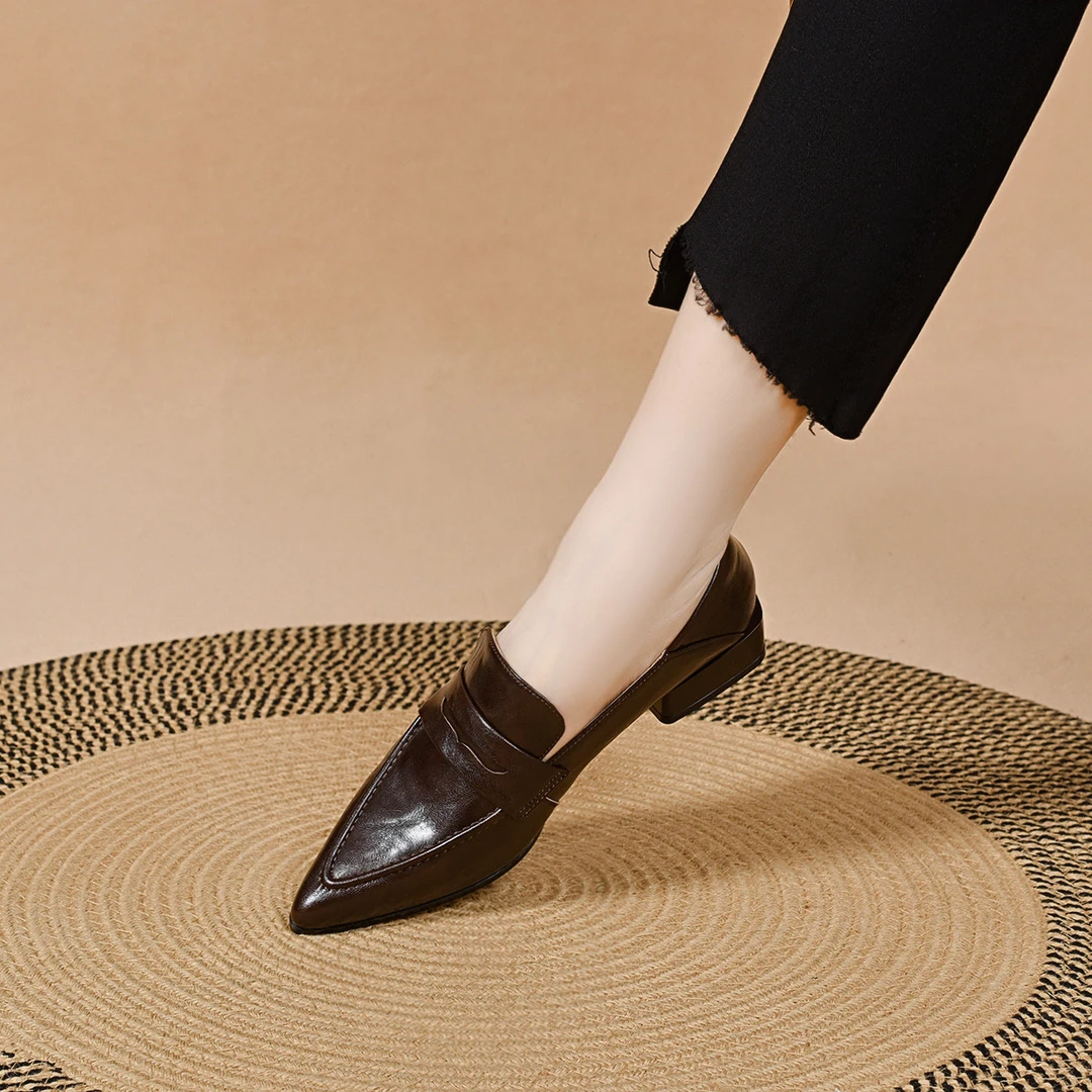 法式英伦风皮鞋春厚底尖头福鞋一脚蹬高级上档次女士真皮羊皮女鞋