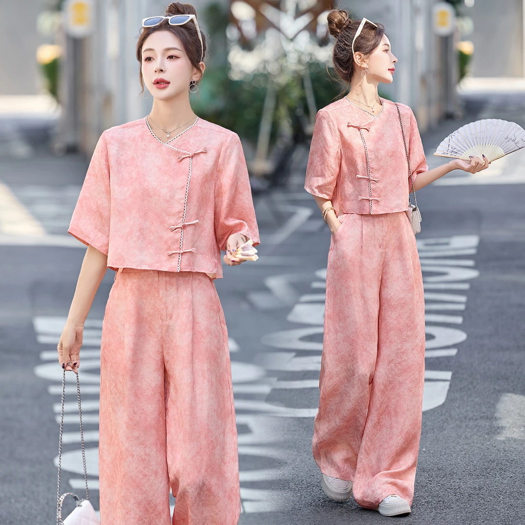 年轻时尚洋气套装女2025夏季新款民国风中式盘扣阔腿裤上衣两件套