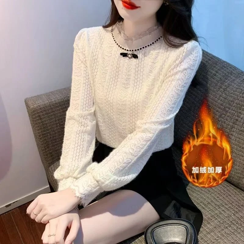 加绒加厚蕾丝打底秋冬新款别致洋气小衫加绒时尚加厚减龄长袖上衣