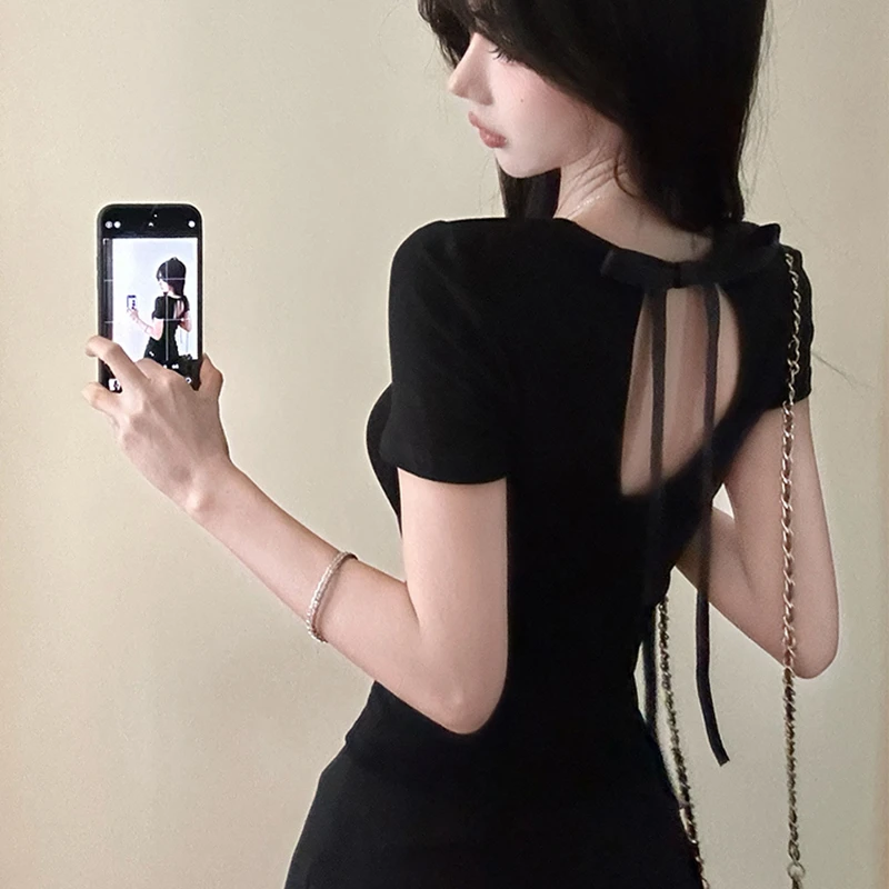 性感辣妹蝴蝶结露背缕空上衣女2025新款修身气质显瘦甜美短袖T恤
