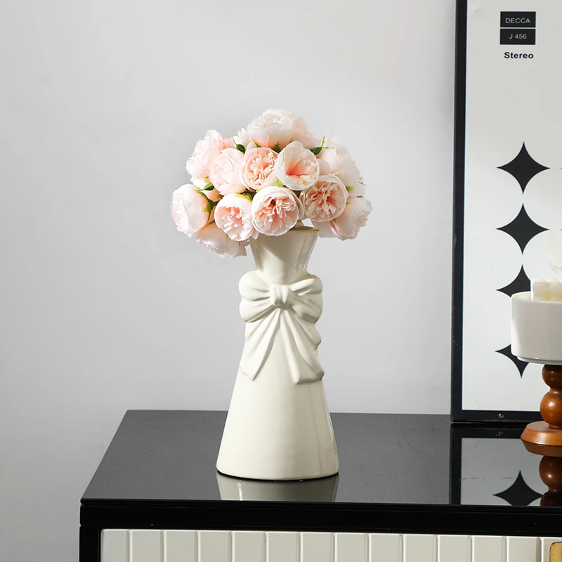 陶瓷蝴蝶结花瓶客厅插花家用鲜花干花水培玫瑰花插花器小众高颜值