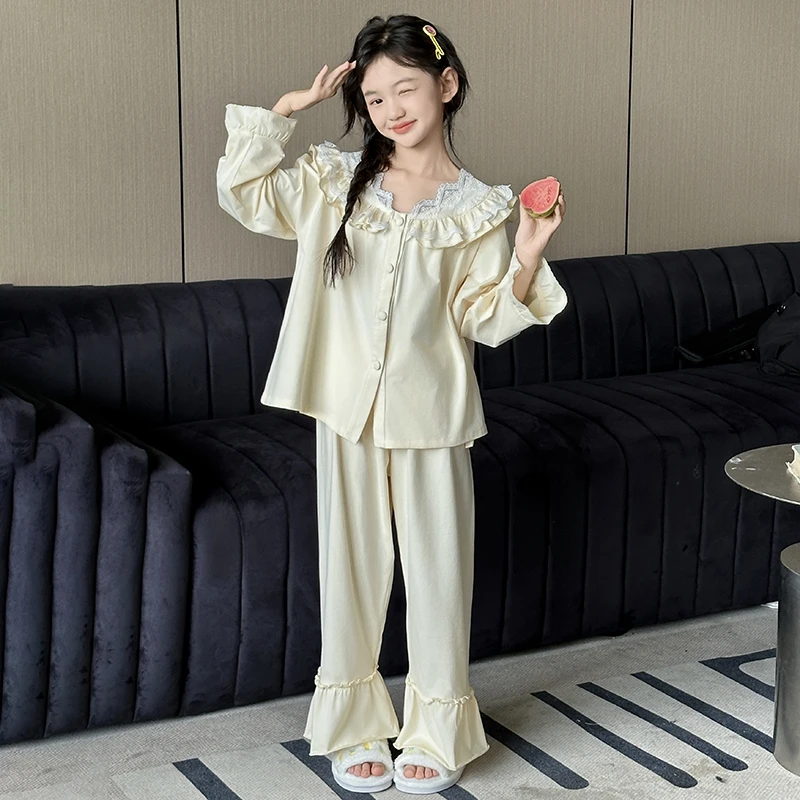 女童睡衣春秋款2025新款初中生女孩宫廷风家居服儿童秋季纯棉套装